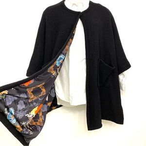 Blue Sky Boiled Wool Cape Coat Black Floral Lined Snap Wool Cape Jacket L/XL